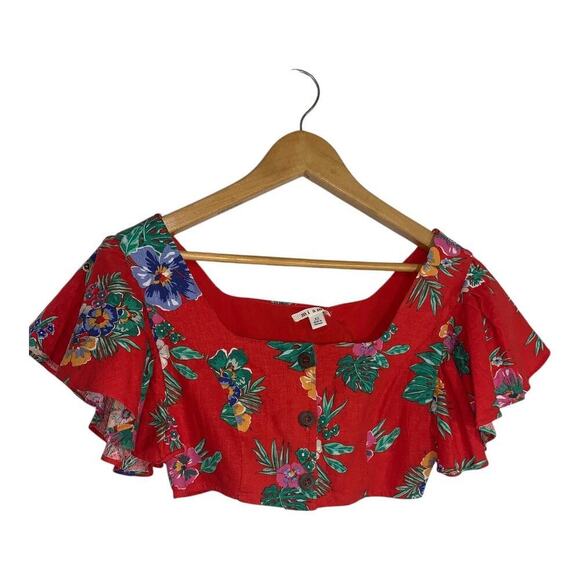 Francesca's Collections Tops - NEW Francesca's Linen Blend Cropped Button Front Ruffled Sleeve Halter Top XS